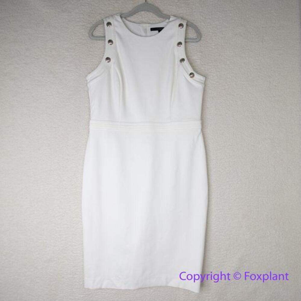 White House Black Market White Sleeveless Sheath Dress with Silver Buttons